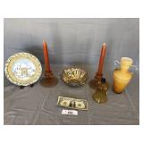 6pcs vintage Amber glass & Fenton plate