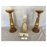 3pcs 2x Large Amber Candlesticks & Decanter