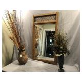 3pcs Large Rattan mirror w/ 2 faux plants & pots