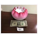 Pink & white art glass ruffle top bowl