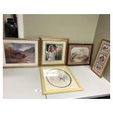 5 pcs misc framed prints behind glass
