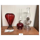 3pcs pair of vintage oil lamps & red vase