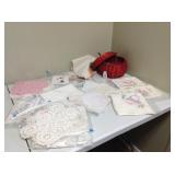 Vintage linen/doilies & wicker apple basket