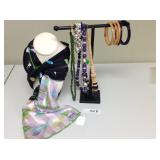 Vintage costume jewelry, scarf, & displays