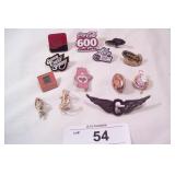 13pcs of vintage hat pins  var advertisments