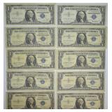 Group Of 10 $1 Dollar Silver Certificates