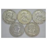 5pcs. Franklin Half Dollars