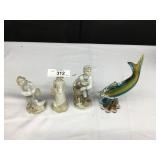 3 Ceramic Figurines & 1 Multi-Colored Glass Fish