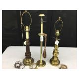 3 Thin Table Lamps-(2)Brass,(1)Brass & Wood-No Sha