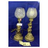 Pair of brass hollow lamps w/ crystal shade