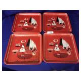 Set of 4 Red Mid-Century Serving Trays-13" X 13"