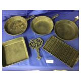 Lot of 6 Cast Iron Pieces-3 Skillets,1 Square Pan,