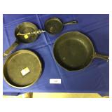 Lot of 2 Cast Iron Skillets & 3 Metal Cooking Item