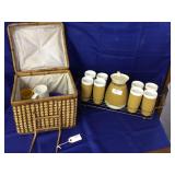 Wicker Picnic Basket & Mid-Century Pitcher/Cup Set