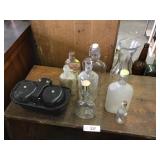 8 Vintage Clear Glass Bottles & One School Bell