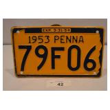 1953 Pennsylvania License Plate-Great Condition