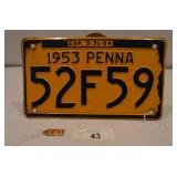 1953 Pennsylvania License Plate-Includes License P