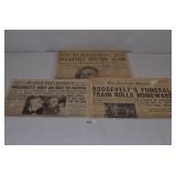 Group of 3 Vintage Newspapers Concerning Roosevelt