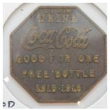 RARE 1915 COCA COLA TOKEN GOOD FOR ONE FREE BOTTLE