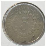 1867 SHIELD NICKEL W RAYS  VG