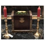 (3) Brass candlsticks and a painted box