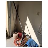 misc mans lot, cord, gas cans & rake