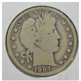 1907 D BARBER HALF DOLLAR VG