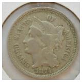 1874 3 CENT PIECE   VF