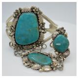 Sterling Turquoise Squash Blossom "Slave" Bracelet
