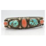 Sterling Turquoise & Coral Navajo Cuff Bracelet