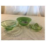 3pcs 2x Vaseline glass & Early FireKing Green bowl