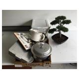 Assortment of Cookware and Artificial Bonsai