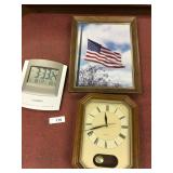 Framed American Flag and 2 clocks