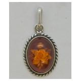 Sterling Silver Amber Resin Flower Pendant