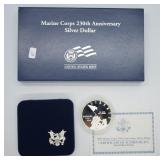 MARINE CORPS PROOF SILVER DOLLAR W BOX PAPERS