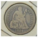 1884 SEATED DIME   VG