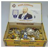 Vintage Cigar Box w/ Costume Jewelry & Pins