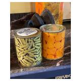 2 Vintage Vegetable Cans and Antique Irons