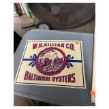 W H Killian Oysters Embossed Baltimore Sign