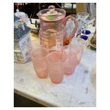 Pink Depression Glass Pitcher and Glasses