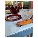 Heart Bowl, Cranberry Rim Glass Plates, and car