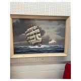 Large Ship Oil on Canvas Painting in Frame