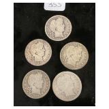 5 Silver Barber Quarters