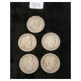 5 Silver Barber Quarters