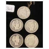 5 Silver Barber Quarters