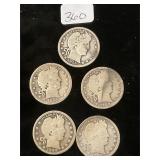 5 Silver Barber Quarters