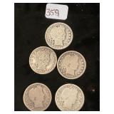 5 Silver Barber Quarters