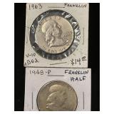 2 Franklin Silver Half Dollars