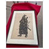 Vintage East Asian Art Samuri Soldier in Frame