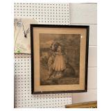 Antique Child & Dog Art in Frame